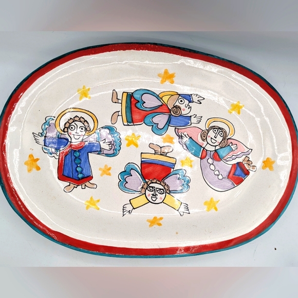 Vintage Italian Red Clay Pottery DeSimone Vietri Cubist Angel 15” Oval Platter - Picture 1 of 14